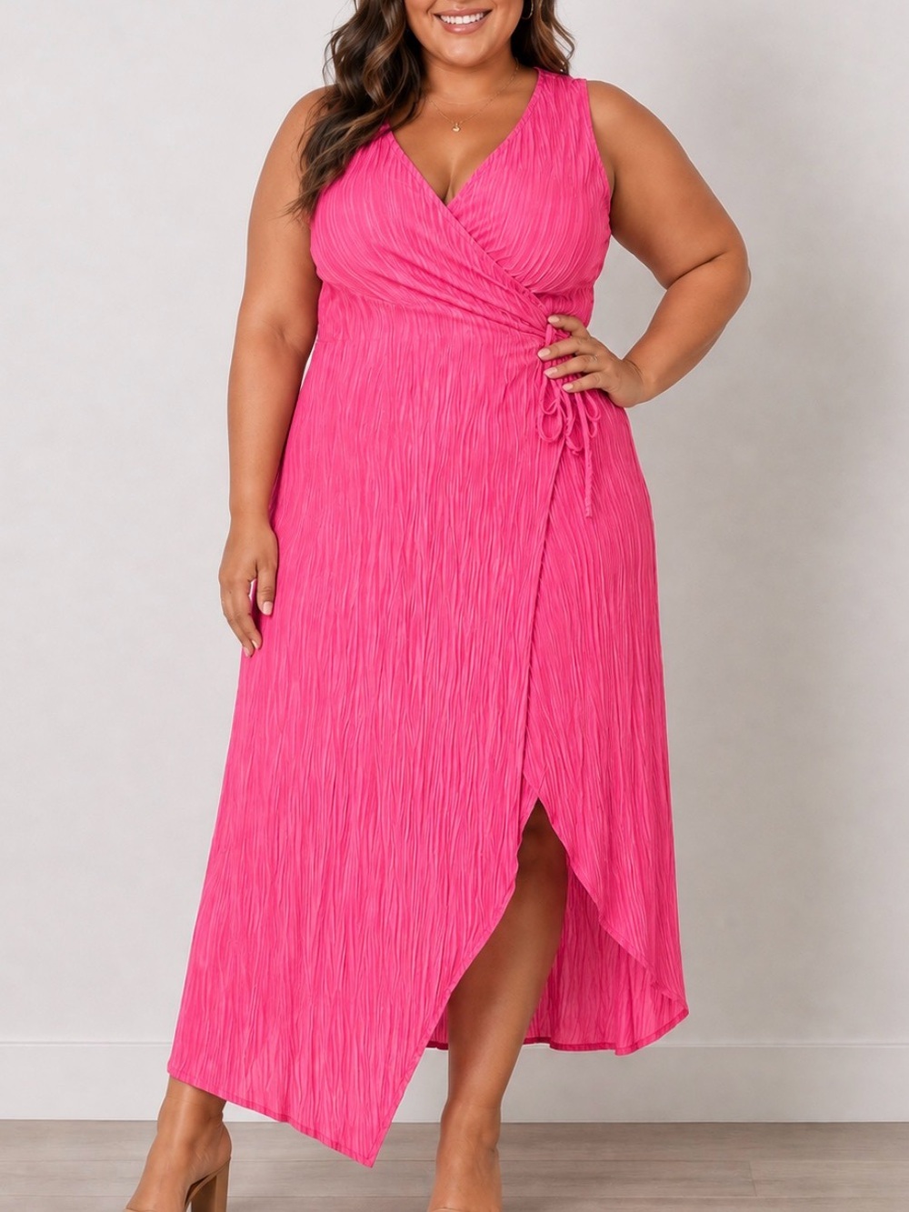 Women’s Hot Pink Fuchsia Sleeveless Crinkle Wrap Maxi Dress Asymmetrical Hem LG